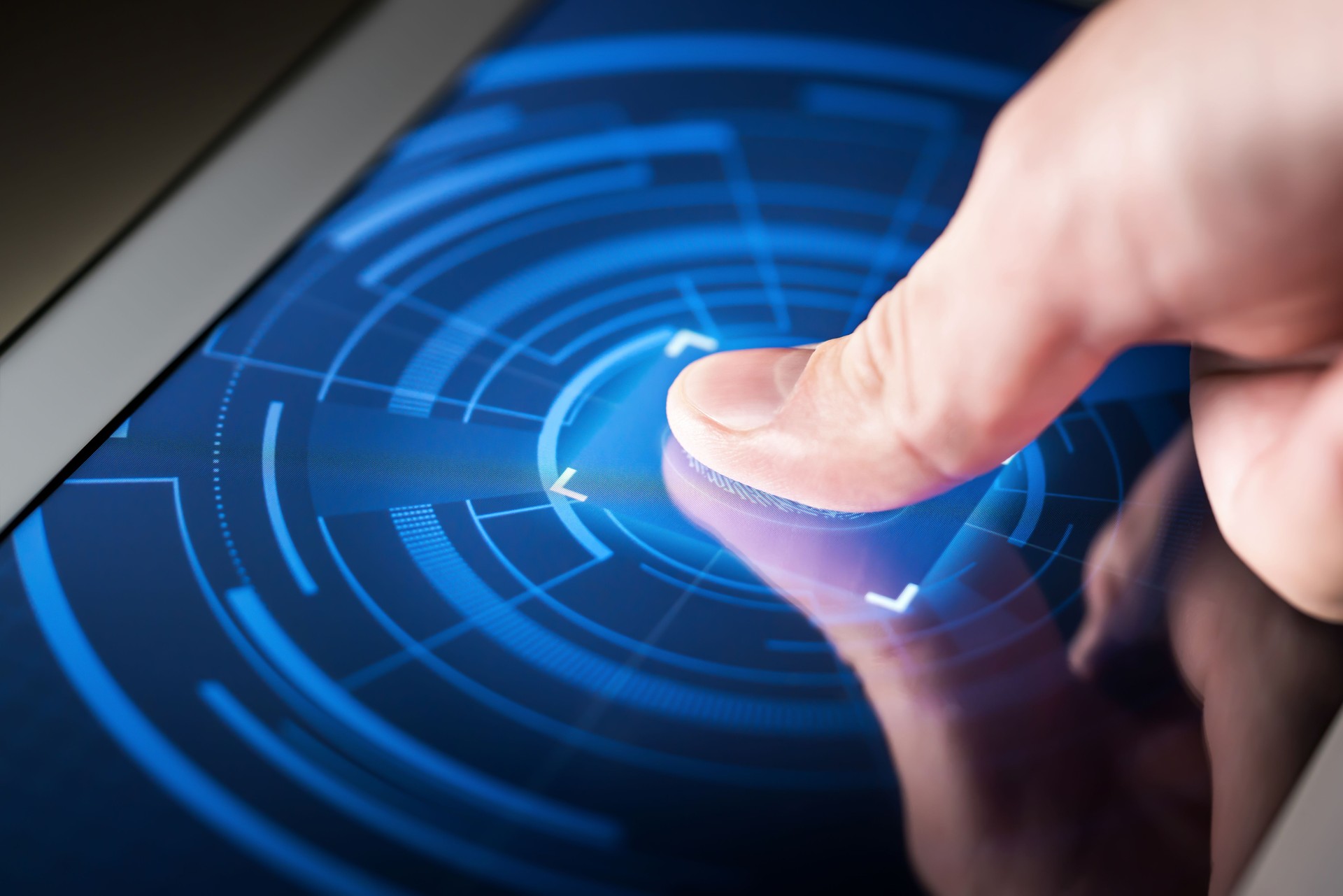 Fingerprint scanner on smart electronic screen. Digital security system technology. High tech biometric cyber protection for online data, identity and information.