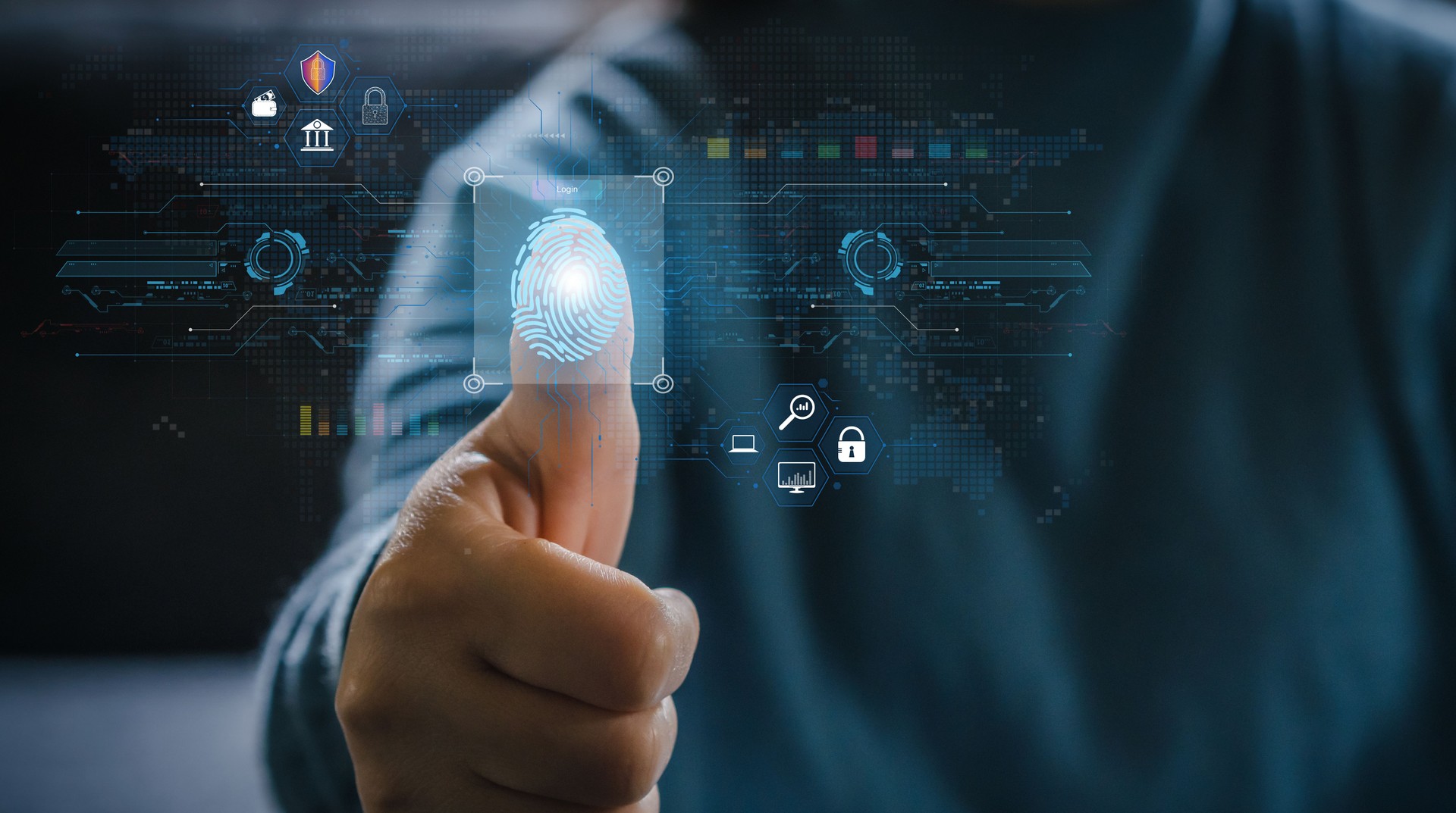 Business people scanning ai fingerprint technology digital programs futuristic, finger scanning, privacy, password, cyber security, AI, cloud online technology to protect client IT lock icon