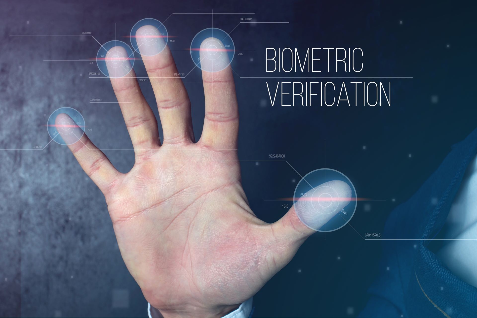 Man passing biometric identification with fingerprint scanner, service of security and protection, concept futuristic technology