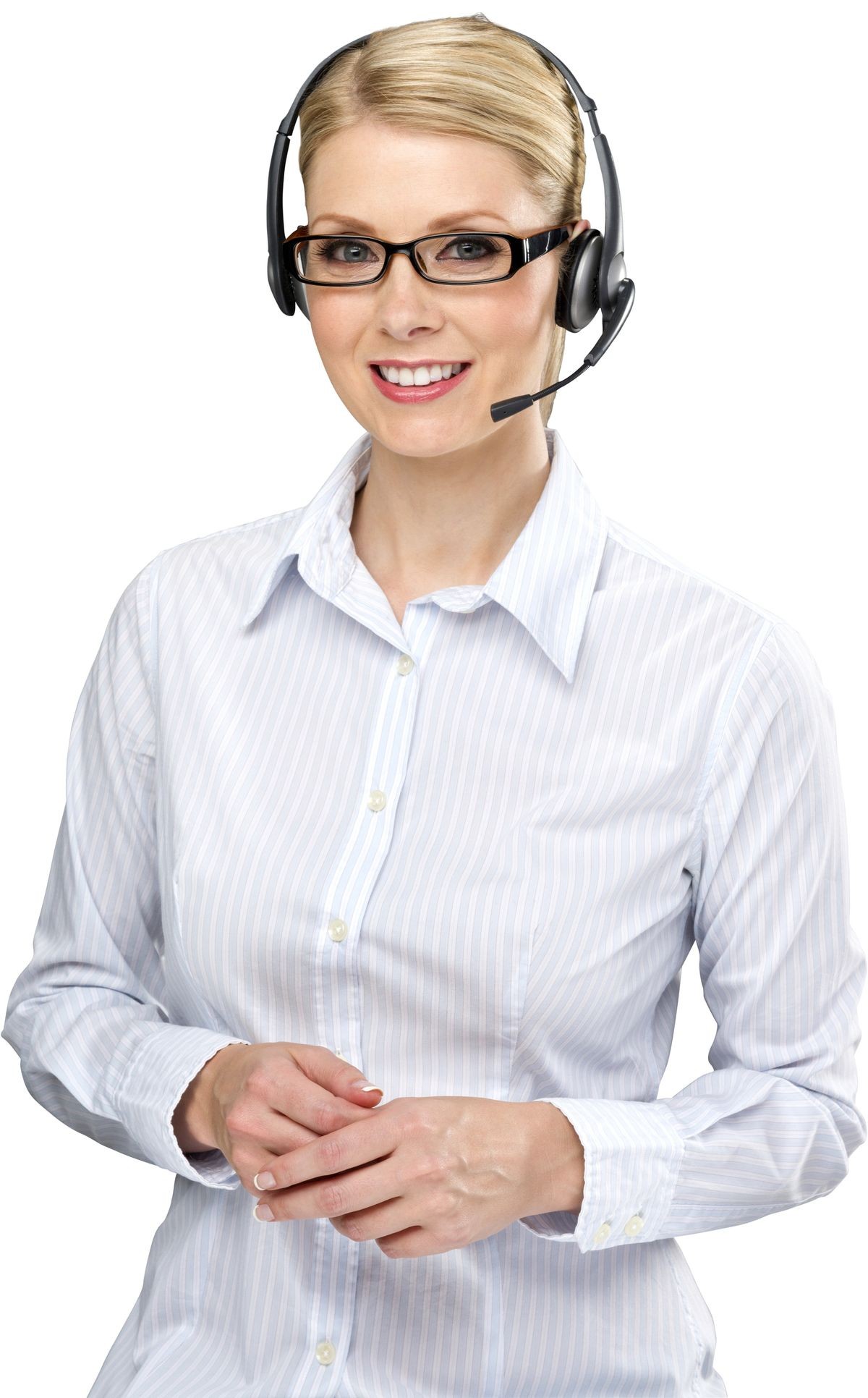 Friendly Caucasian woman with light blond hair in business casual outfit using headset - Isolated